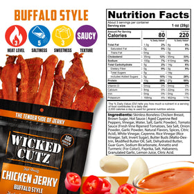 Wicked Cutz Buffalo Chicken Jerky close-up texture highlights tender chew