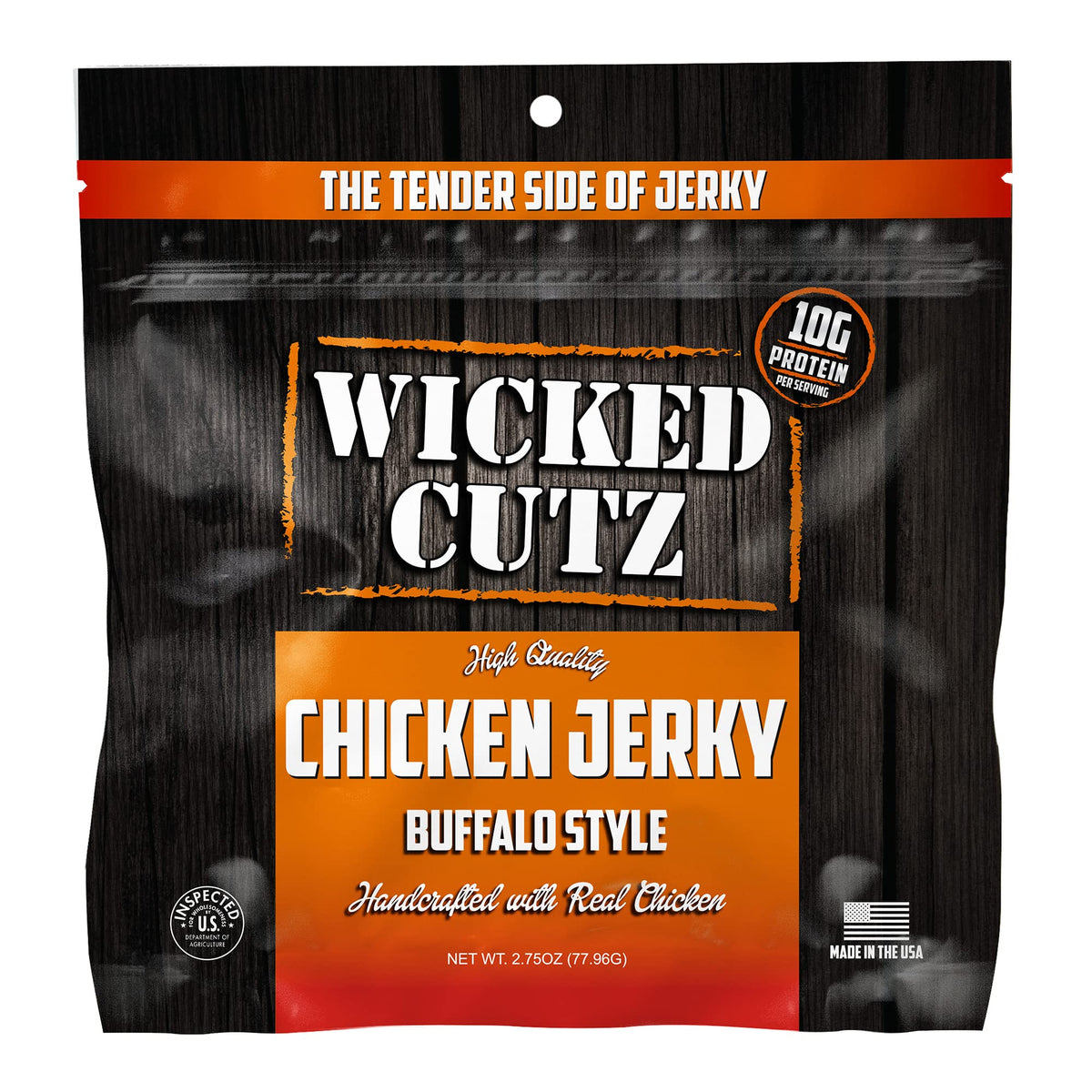 Wicked Cutz Buffalo Chicken Jerky USA-made label signals quality