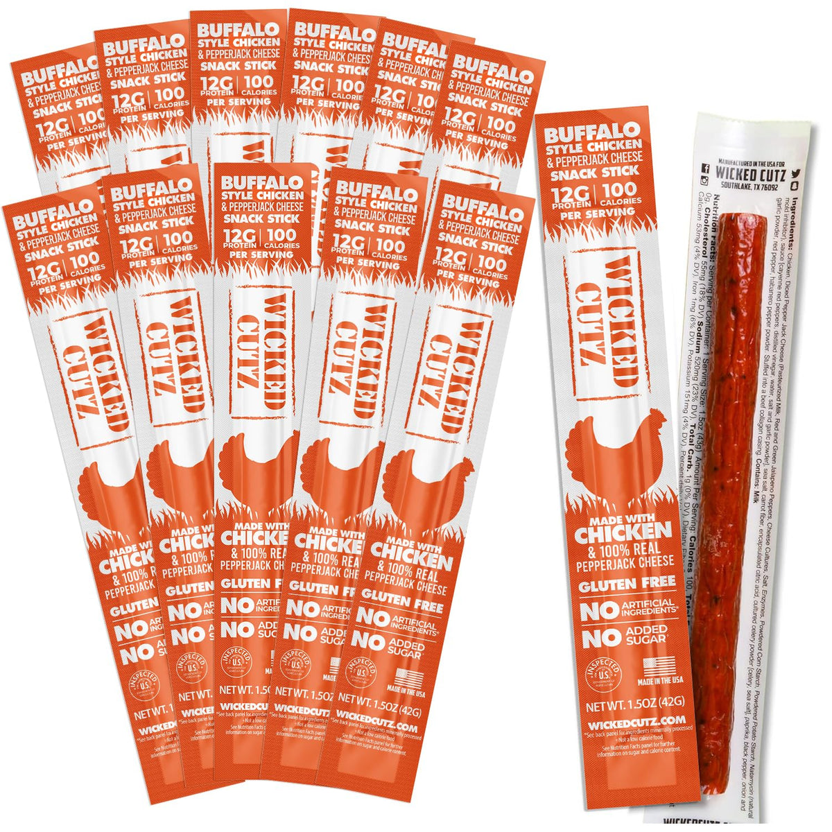 Wicked Cutz Buffalo Chicken Sticks pack offers a convenient on-the-go protein snack.
