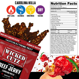 Wicked Cutz Carolina Killa nutrition panel, 27g protein per bag for active days.
