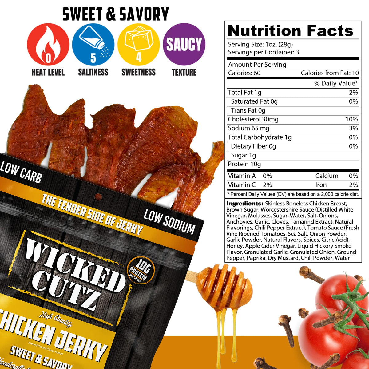 Wicked Cutz chicken jerky bite close-up reveals tender, juicy texture