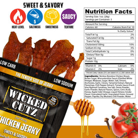 Wicked Cutz chicken jerky bite close-up reveals tender, juicy texture