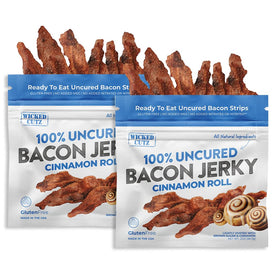 Wicked Cutz Cinnamon Roll Bacon Jerky bag front—premium protein snack for athletes.