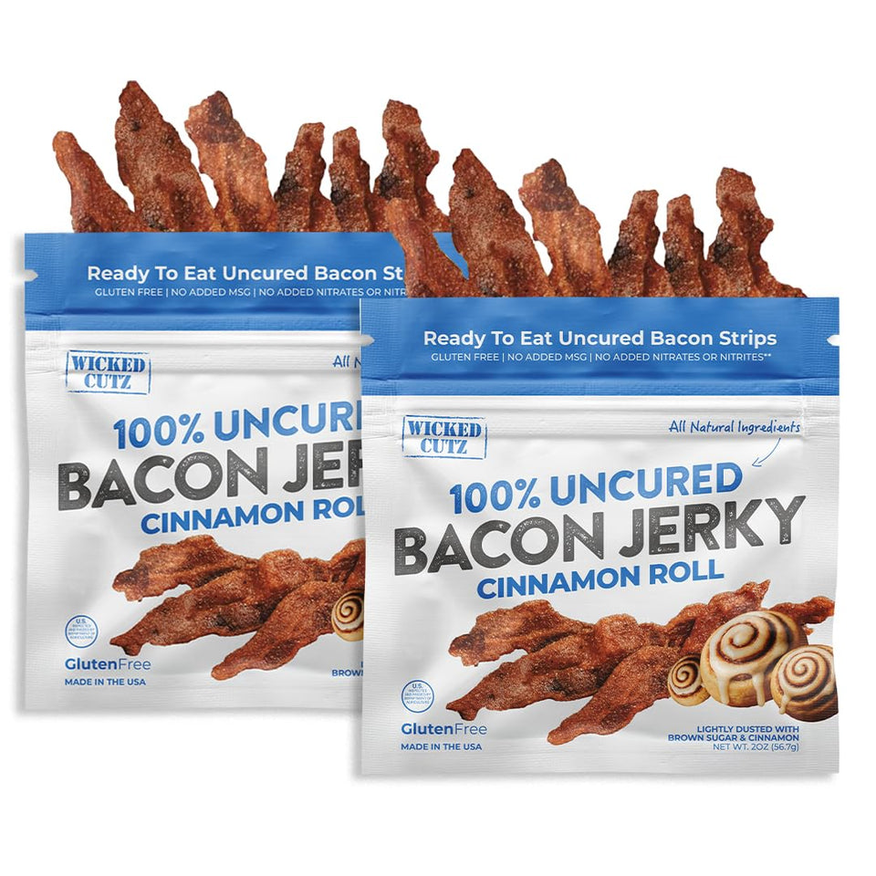 Wicked Cutz Cinnamon Roll Bacon Jerky bag front—premium protein snack for athletes.