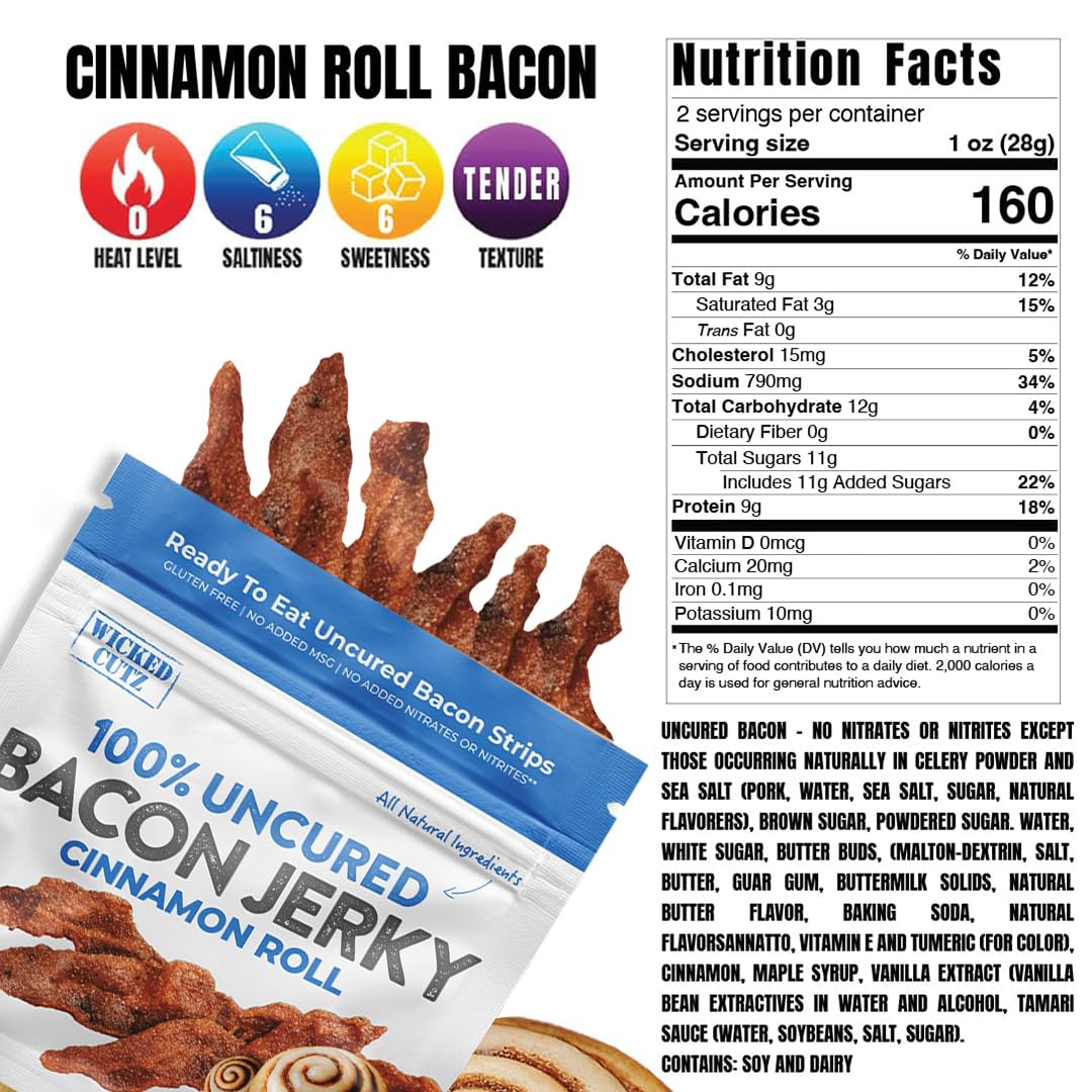 Wicked Cutz Cinnamon Roll Bacon Jerky close-up shows tender, juicy chew and aroma.