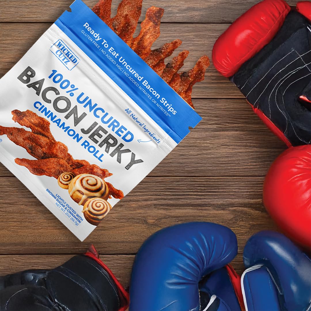 Gym bag-friendly Wicked Cutz Cinnamon Roll Bacon Jerky snack.