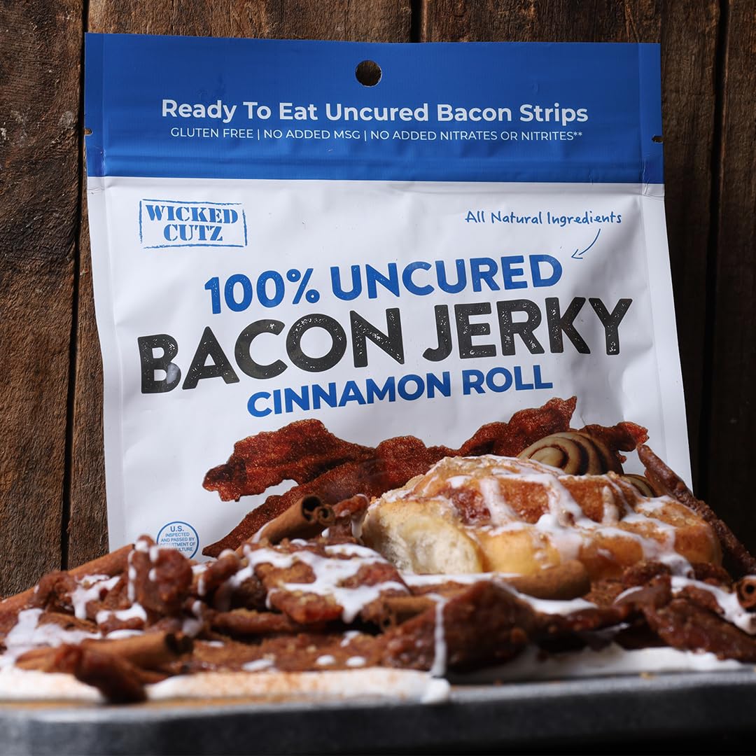 Wicked Cutz Cinnamon Roll Bacon Jerky ingredients panel highlights uncured bacon and spices.