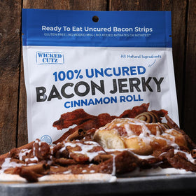 Wicked Cutz Cinnamon Roll Bacon Jerky ingredients panel highlights uncured bacon and spices.