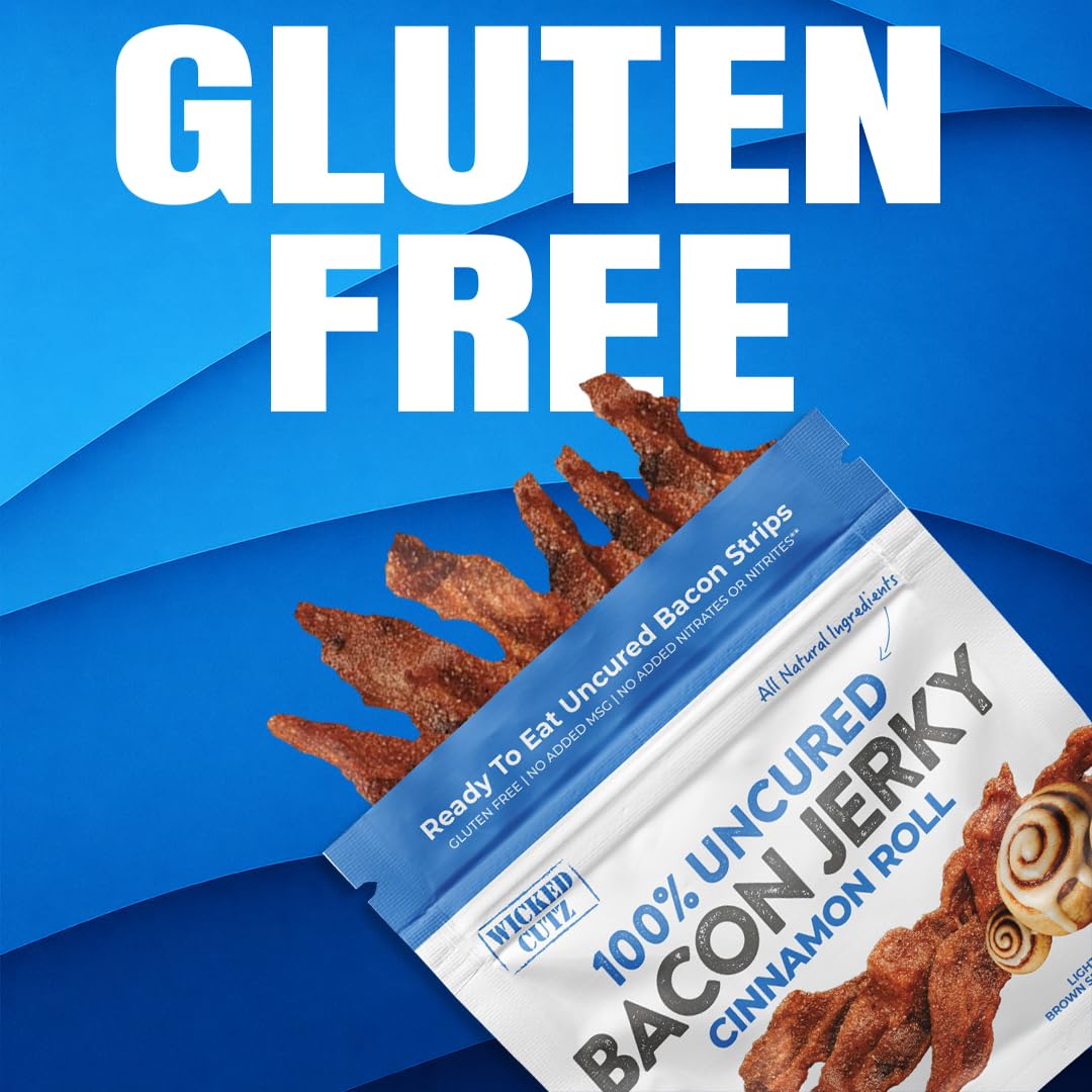 Serving suggestion for Wicked Cutz Cinnamon Roll Bacon Jerky, ready-to-eat.