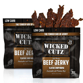 Wicked Cutz Classic Chop House beef jerky bag front for on-the-go protein
