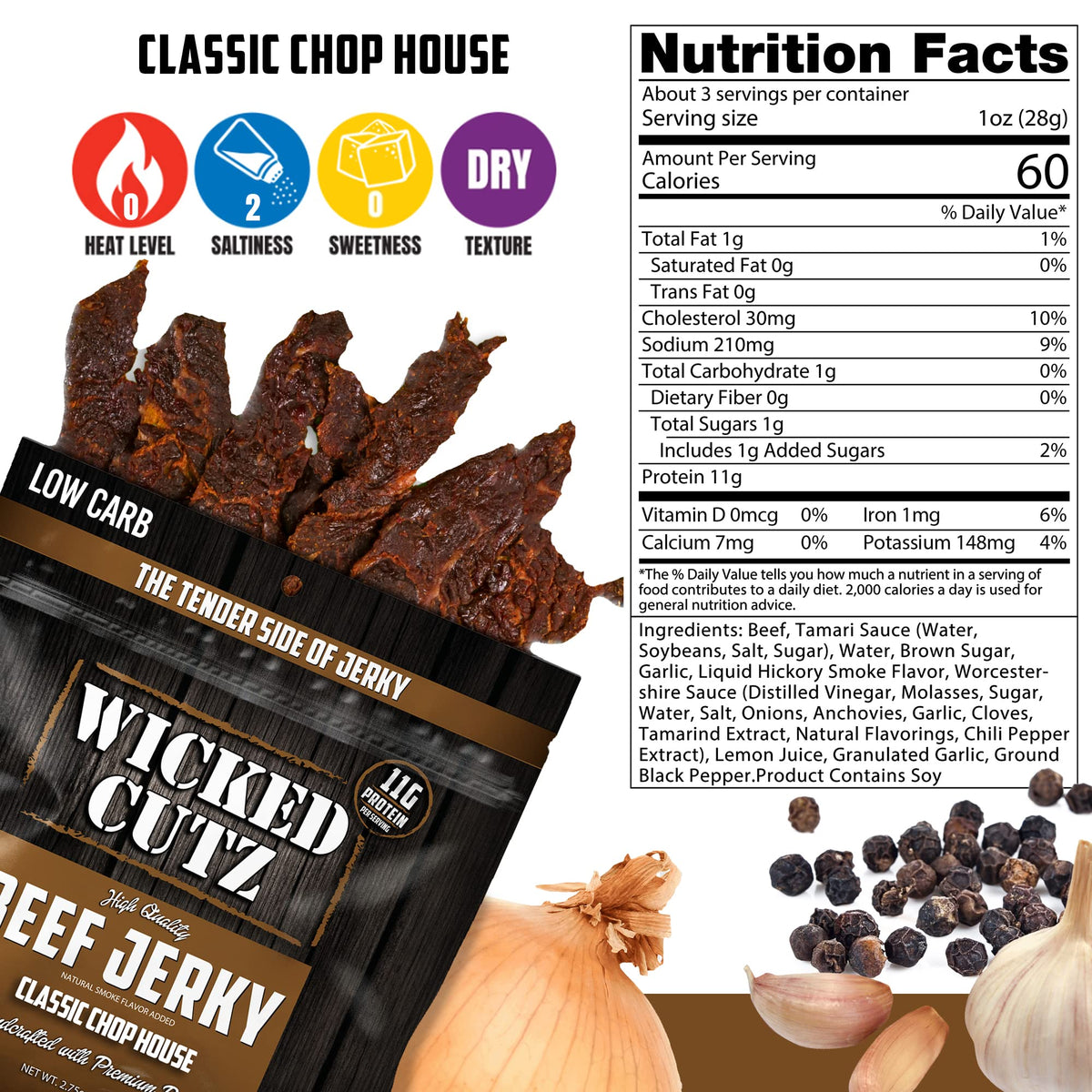 Wicked Cutz Classic Chop House beef jerky close-up shows tender texture