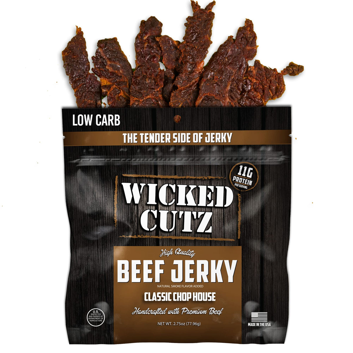 Wicked Cutz jerky glaze close-up hints at premium seasoning