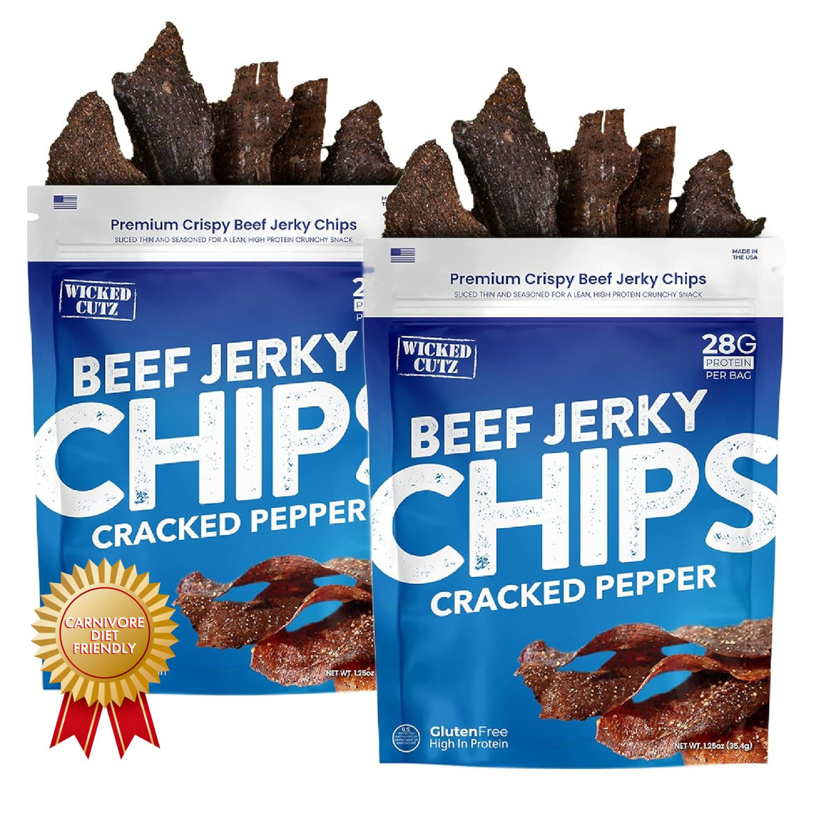 Wicked Cutz cracked pepper beef jerky chips bag close-up, high-protein snack for on-the-go.