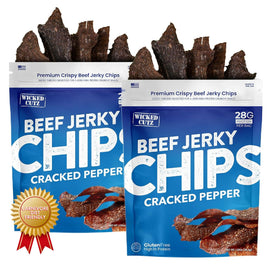 Wicked Cutz cracked pepper beef jerky chips bag close-up, high-protein snack for on-the-go.