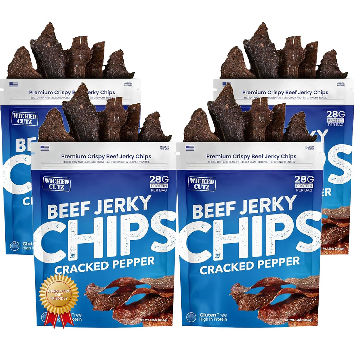 Wicked Cutz Cracked Pepper Beef Jerky Chips in a bag showing bold crunch for on-the-go protein