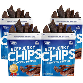 Wicked Cutz Cracked Pepper Beef Jerky Chips in a bag showing bold crunch for on-the-go protein