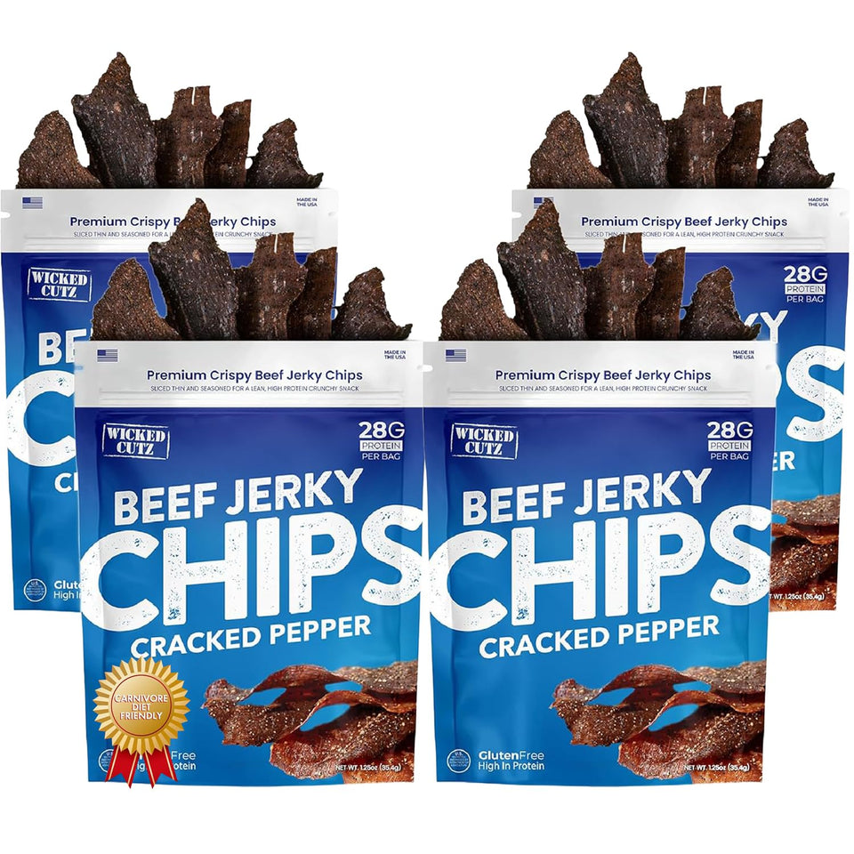 Wicked Cutz Cracked Pepper Beef Jerky Chips in a bag showing bold crunch for on-the-go protein