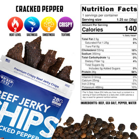 Wicked Cutz Cracked Pepper Beef Jerky Chips close-up highlights savory pepper kick and crisp texture