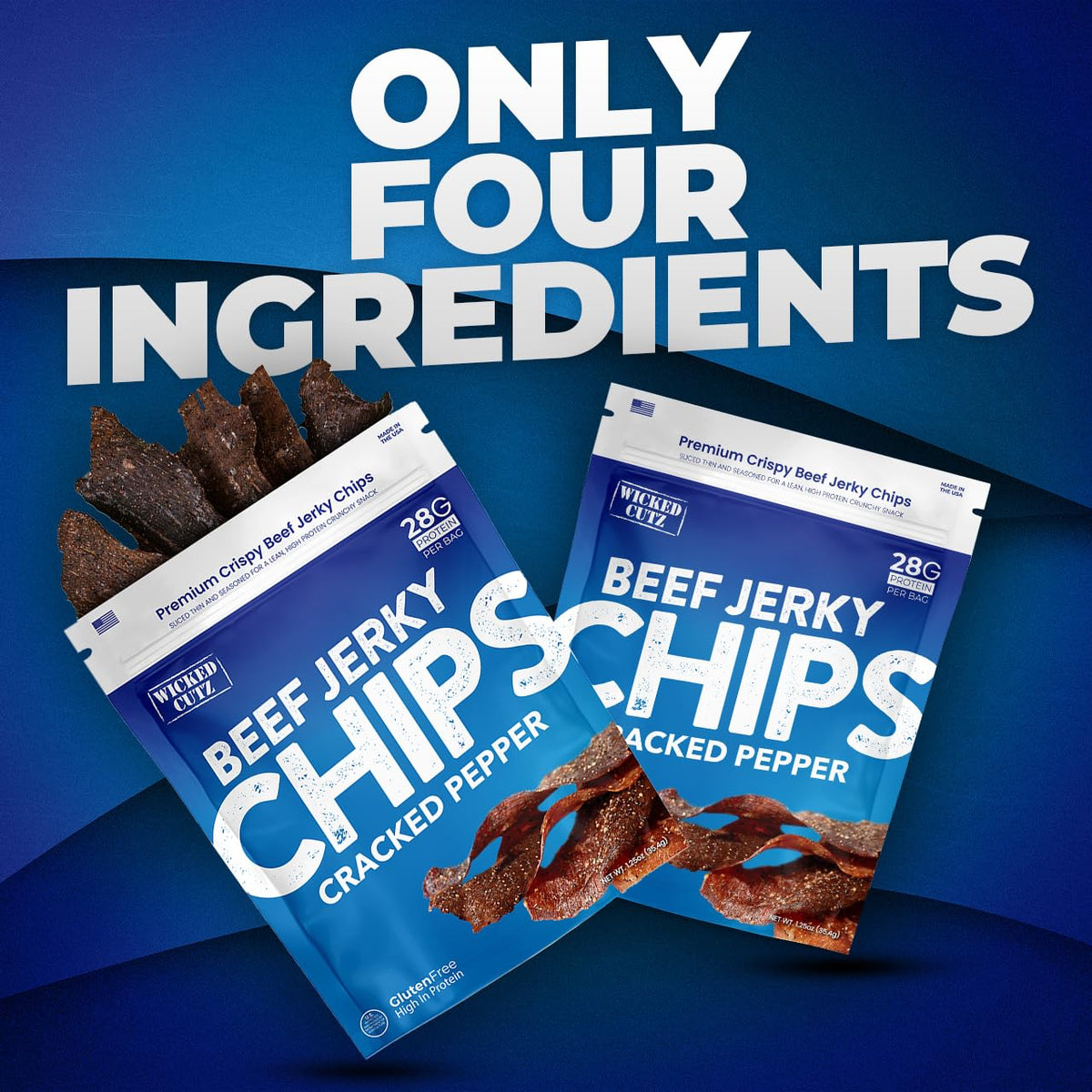 Close-up of Wicked Cutz crispy jerky chips, crunchy texture for keto snacking.