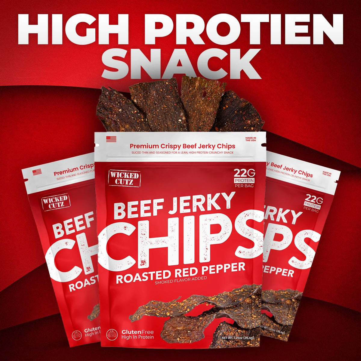 Wicked Cutz Crispy texture beef jerky chips deliver a satisfying crunch.
