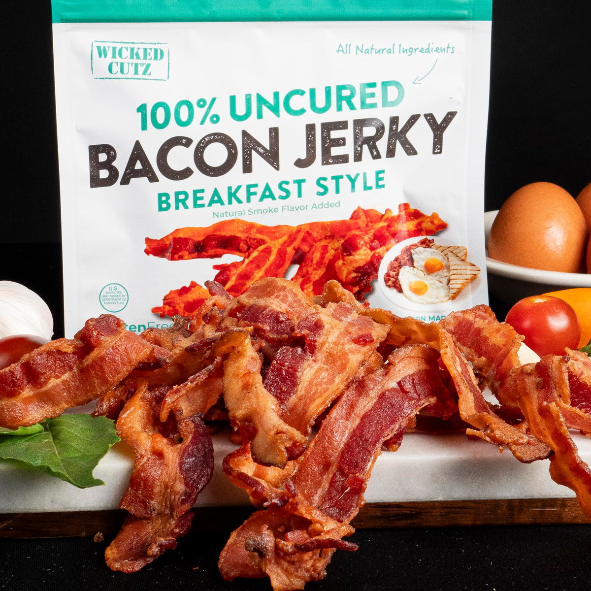Wicked Cutz fully cooked bacon jerky is ready to eat anytime.