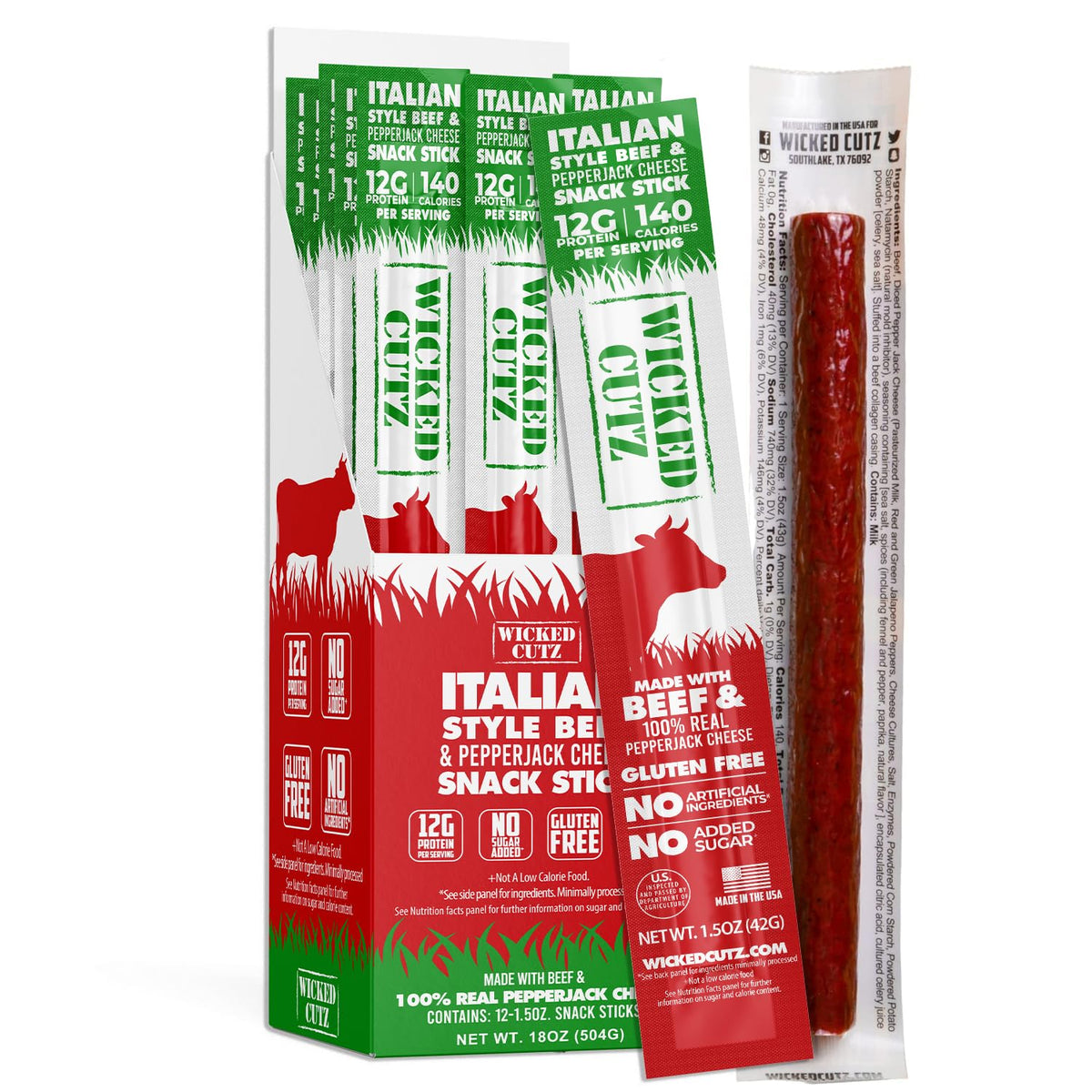 Wicked Cutz Italian beef cheese stick pack showcases savory flavor and on-the-go protein.