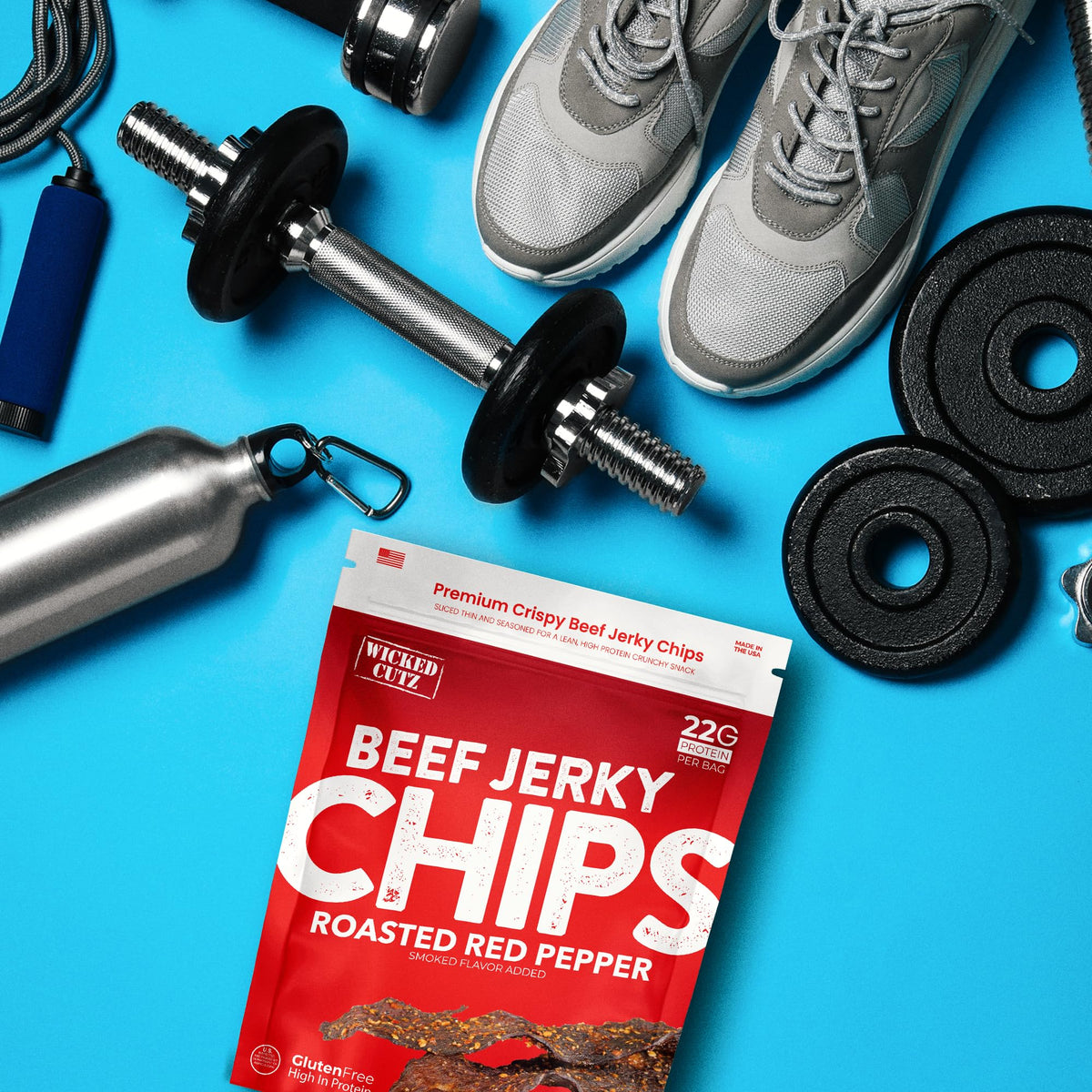 Wicked Cutz grass-fed beef jerky chips fuel workouts with protein.