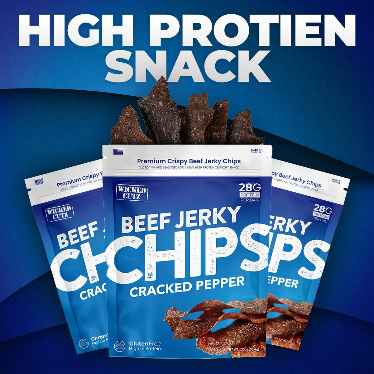 Wicked Cutz Korean BBQ beef jerky chips, bold flavor for adventurous snacks.