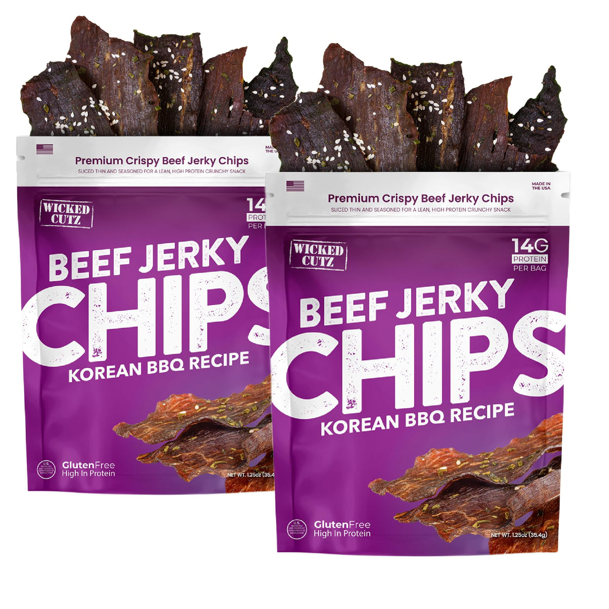 Wicked Cutz Korean BBQ Beef Jerky Chips bag shown, protein-packed snack for active days.