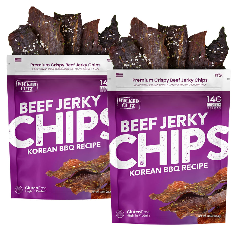 Wicked Cutz Korean BBQ Beef Jerky Chips bag shown, protein-packed snack for active days.