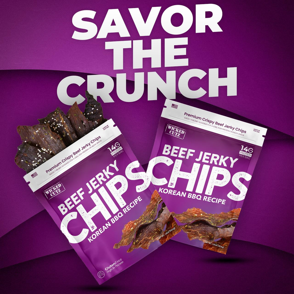 Close-up of Wicked Cutz Korean BBQ chips reveals crispy, satisfying texture.