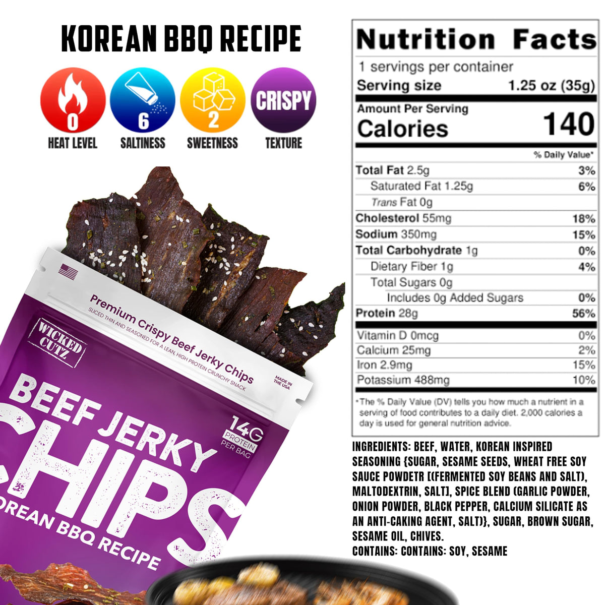 Wicked Cutz Korean BBQ beef jerky chips packfront—grab-and-go protein for busy days