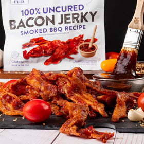 Wicked Cutz Low-Carb bacon jerky close-up, satisfying snack option.