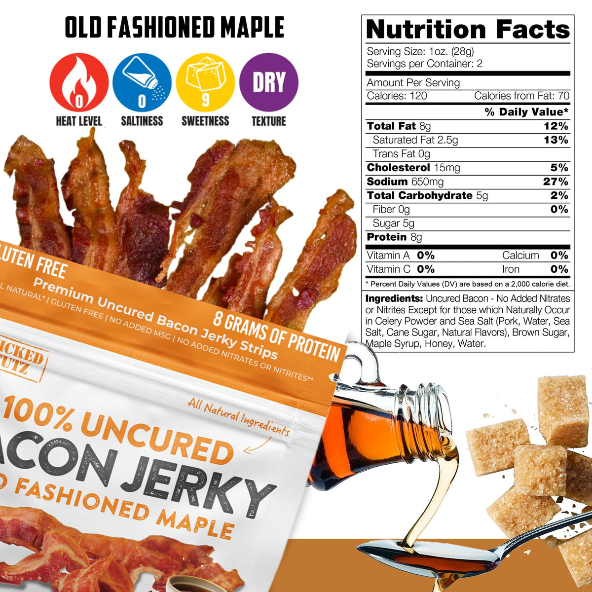 Wicked Cutz Maple Bacon Jerky glaze slice close-up with maple aroma