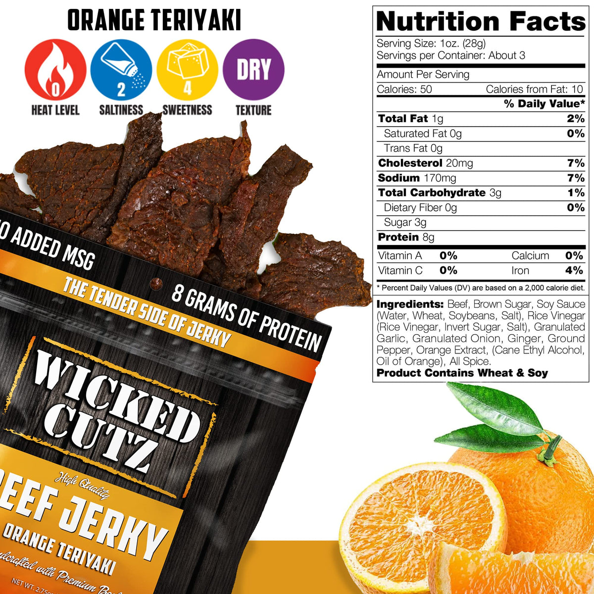 Wicked Cutz Orange Teriyaki Jerky back shows nutrition panel for keto-friendly snacking