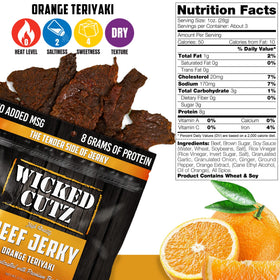 Wicked Cutz Orange Teriyaki Jerky back shows nutrition panel for keto-friendly snacking