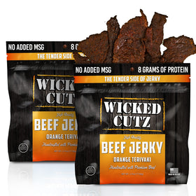 Wicked Cutz Orange Teriyaki Jerky bag front with bold branding and high-protein snack
