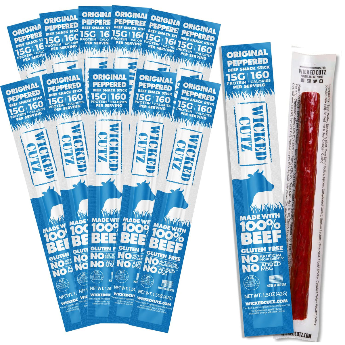 Wicked Cutz Original Peppered Beef Sticks pack front for quick keto snack