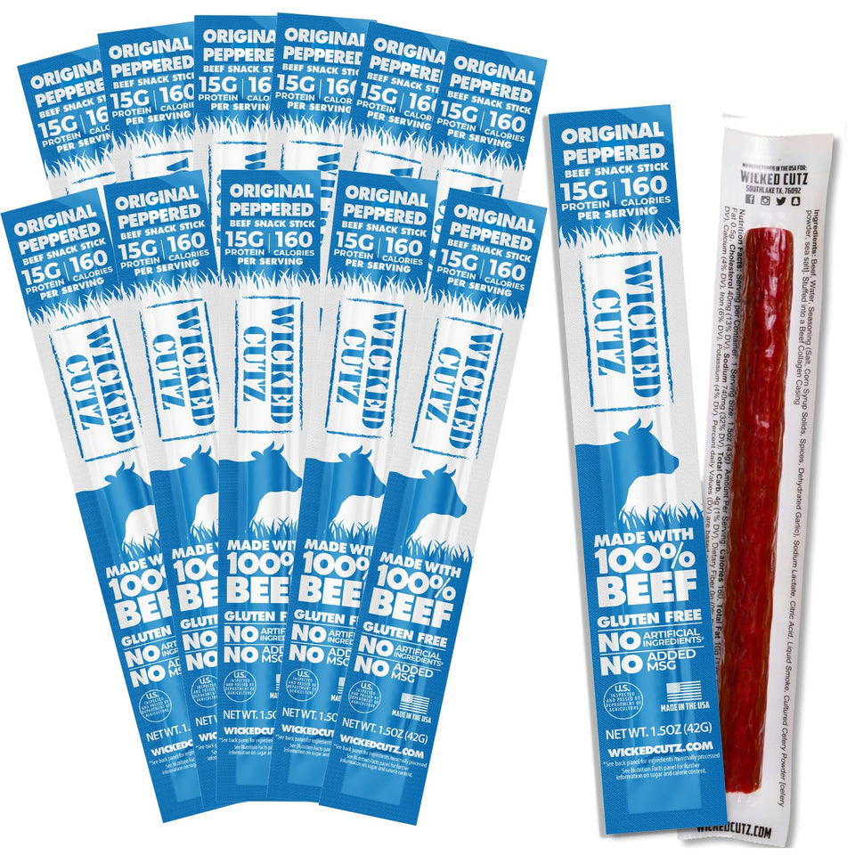 Wicked Cutz Original Peppered Beef Sticks pack front for quick keto snack
