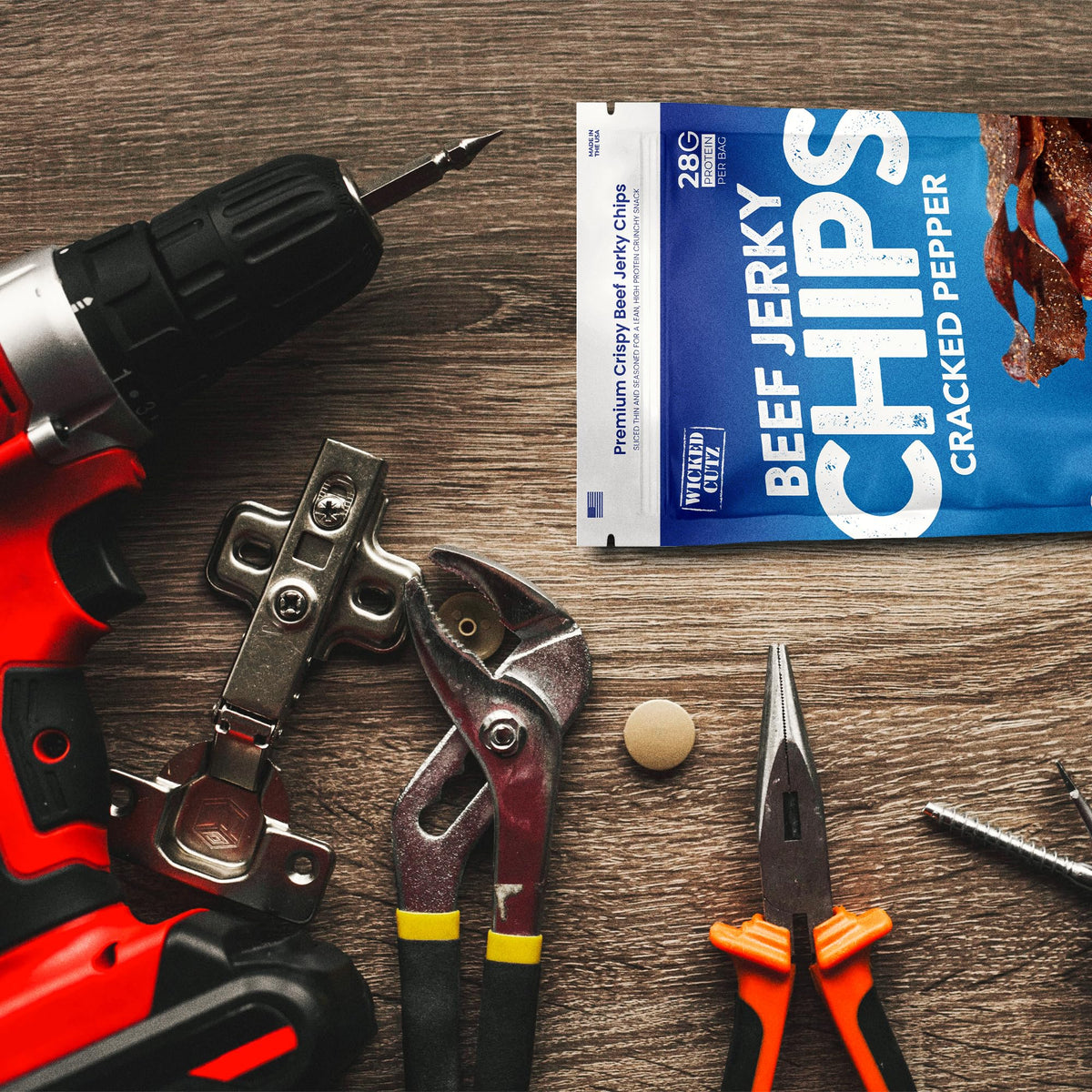 Wicked Cutz roasted red pepper chips, vibrant pepper flavor with protein-friendly profile.