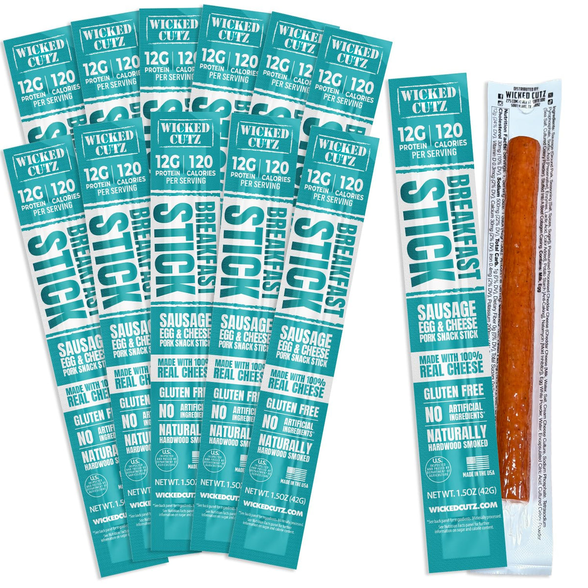 Wicked Cutz Sausage Egg & Cheese Sticks packaging showcasing convenient shelf-stable breakfast protein.
