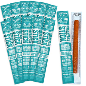 Wicked Cutz Sausage Egg & Cheese Sticks packaging showcasing convenient shelf-stable breakfast protein.