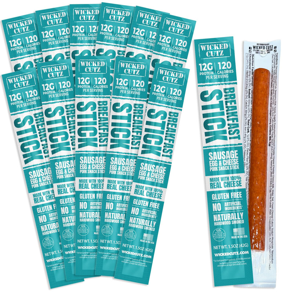 Wicked Cutz Sausage Egg & Cheese Sticks packaging showcasing convenient shelf-stable breakfast protein.