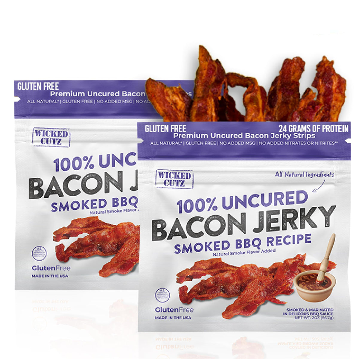 Wicked Cutz Smoked BBQ Bacon Jerky bag front – high protein snack on the go