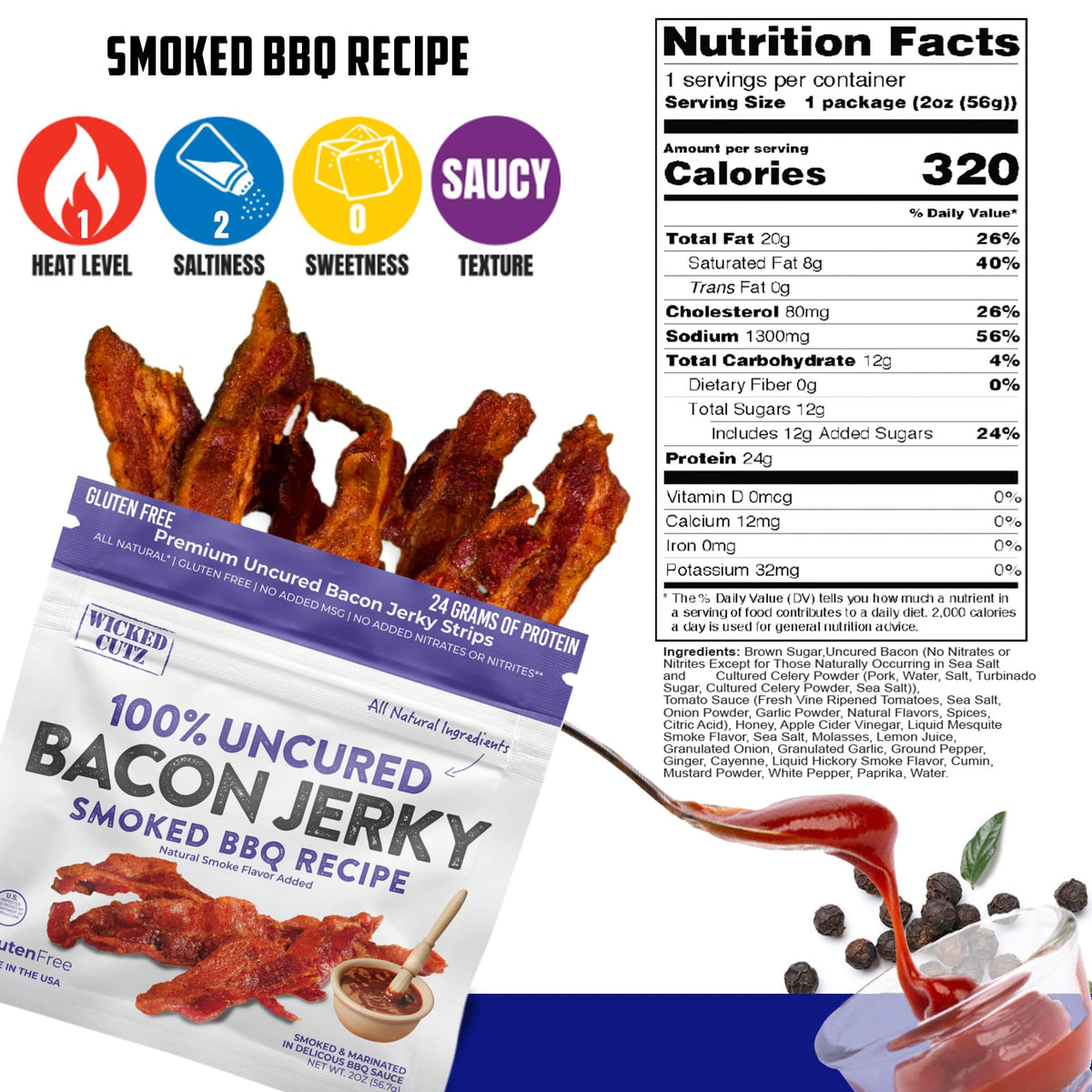Wicked Cutz bacon jerky bite closeup – tender, flavorful chew