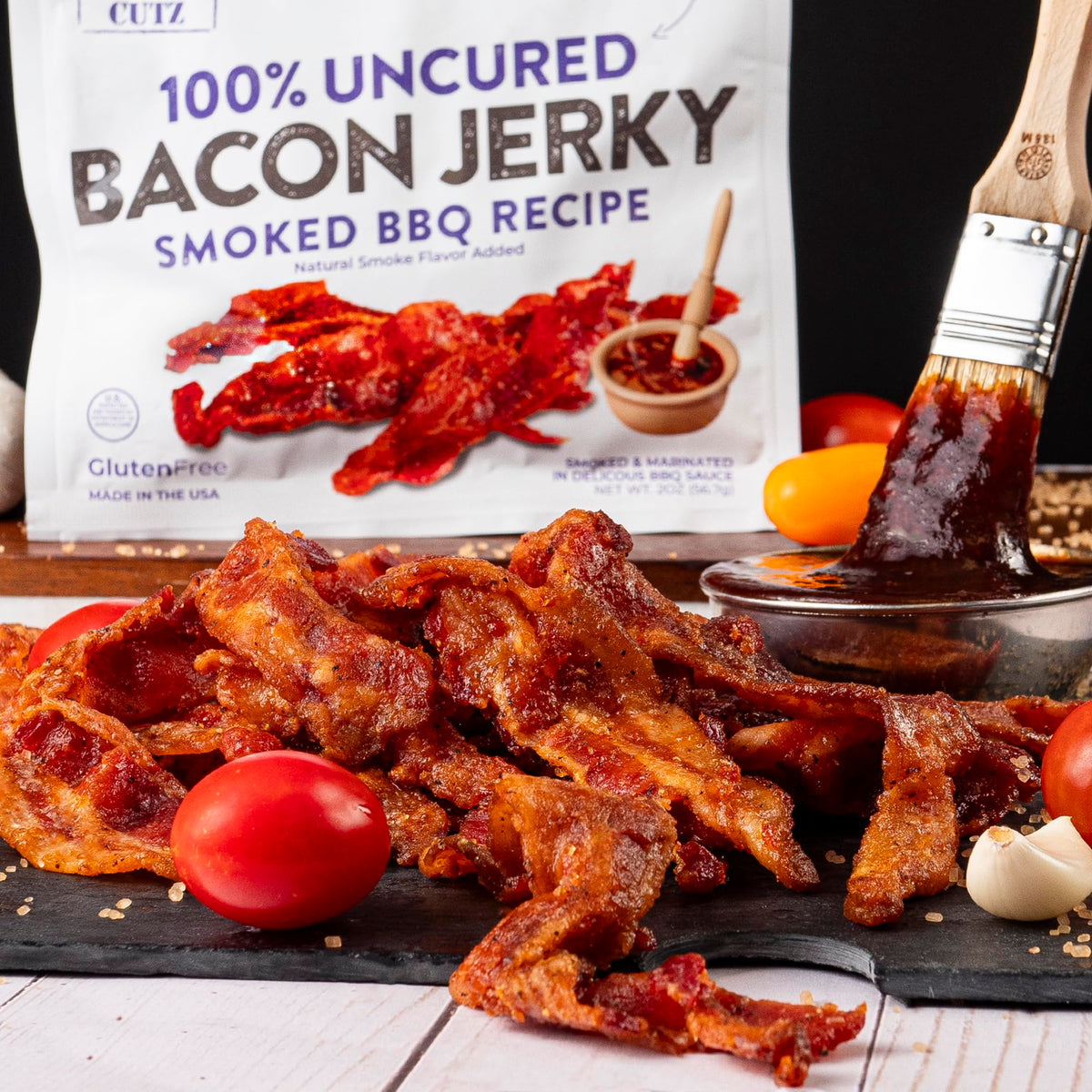 Wicked Cutz bacon jerky texture detail – juicy bite for busy days
