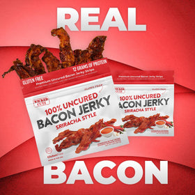 Close-up of tender, glossy Wicked Cutz Sriracha Bacon Jerky texture