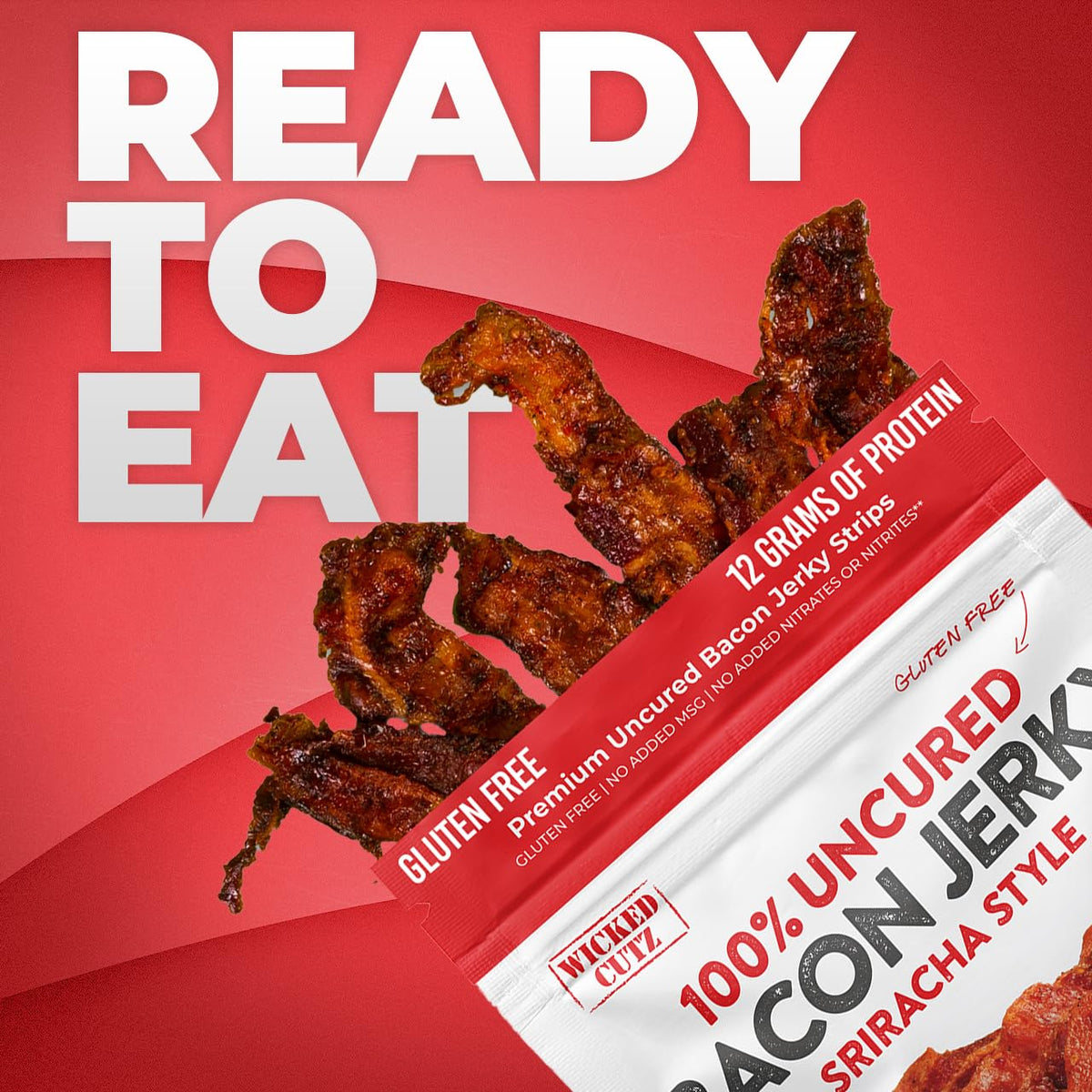Ingredients panel of Wicked Cutz Sriracha Bacon Jerky on pack