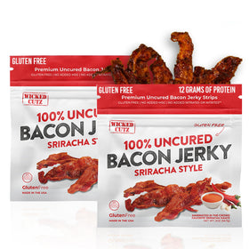 Wicked Cutz Sriracha Bacon Jerky packaging front showing protein rich snack