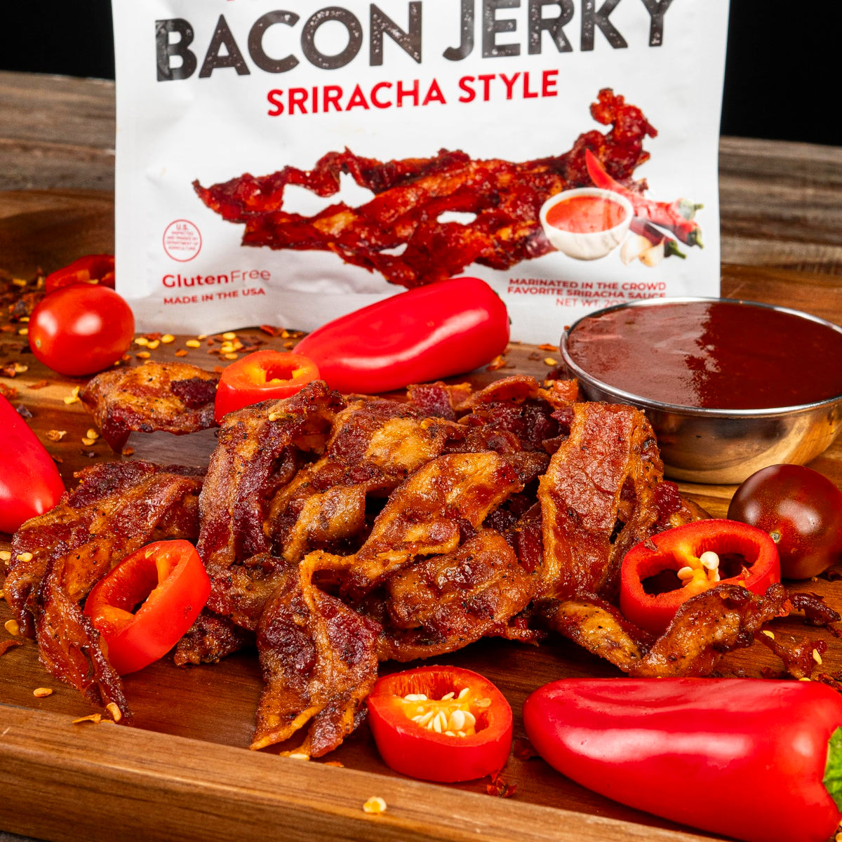 Thick-cut Wicked Cutz Sriracha Bacon Jerky bite close-up